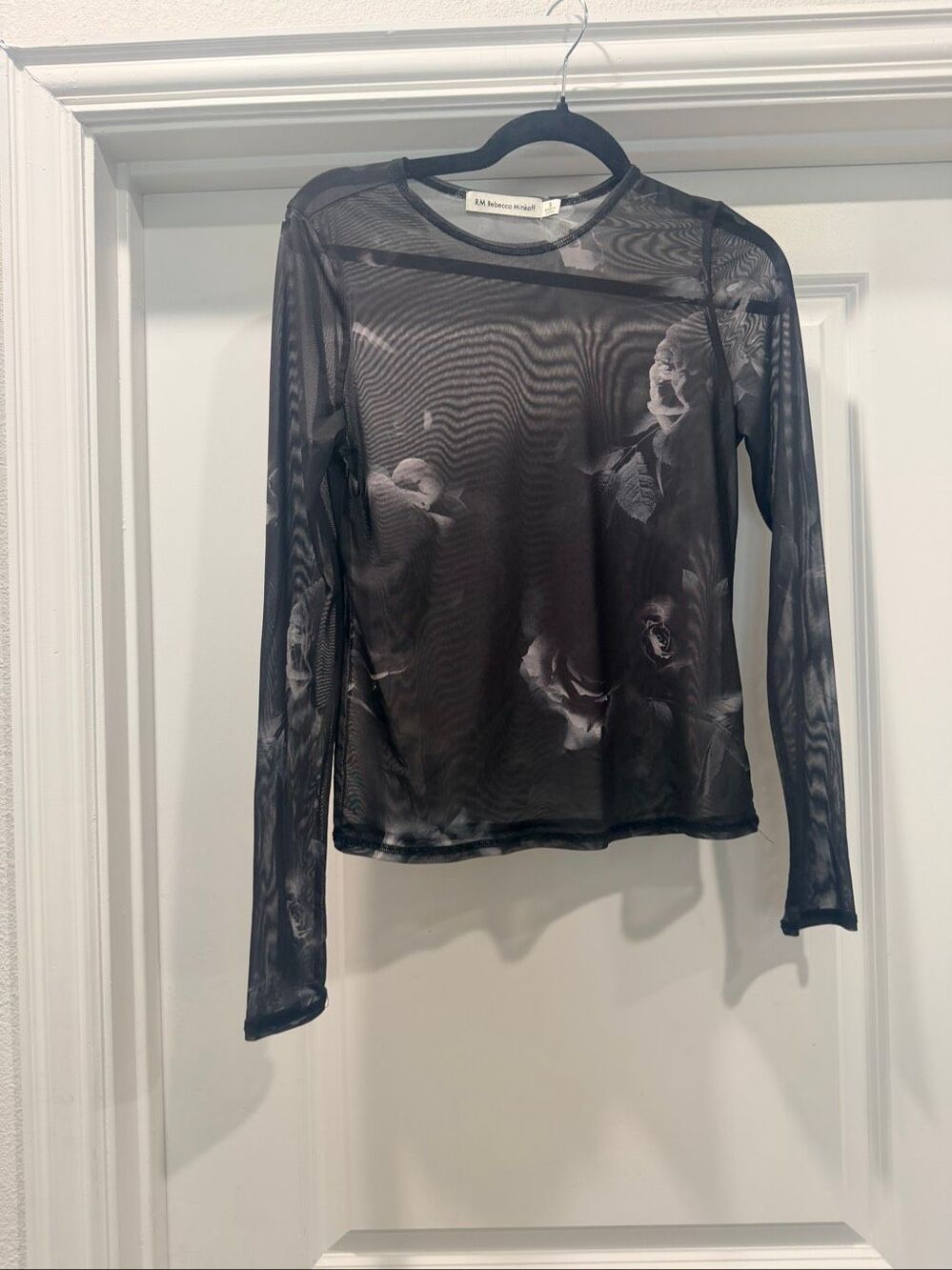Rebecca Minkoff Black Floral Sheer Mesh Long Sleeve Graphic Top Grunge Size S